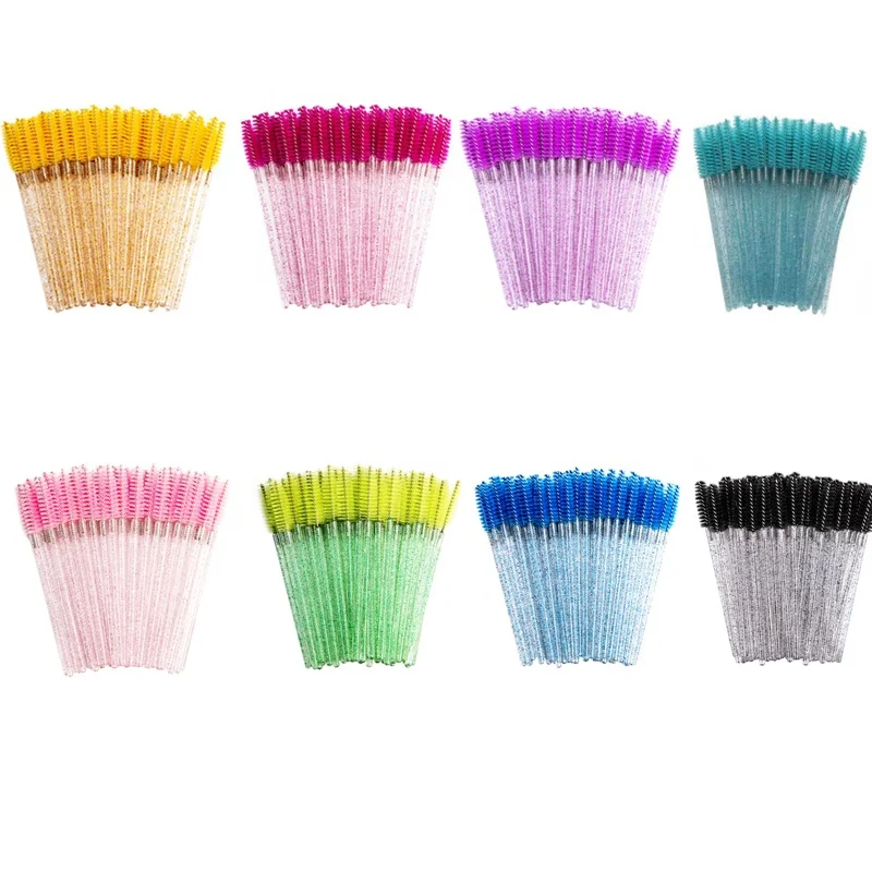 

D 50PCS Black Plastic Handle Nylon Disposable Glitter Mascara Wand Applicator Lash Spoolie Brush Eyelash Extension Supplies, Purple & black