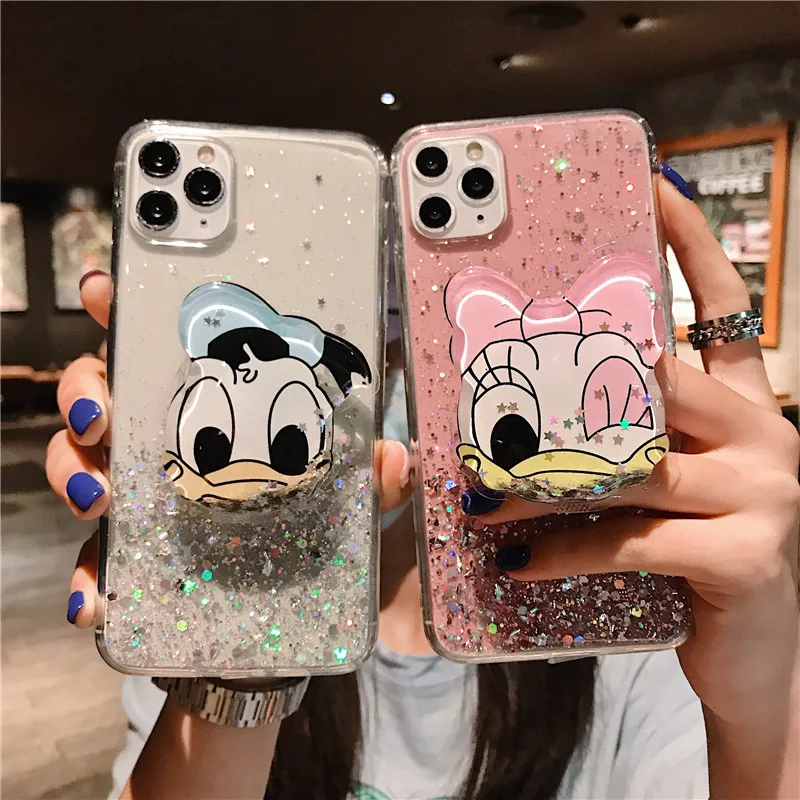 

Protective Phone Case with Luxury Liquid Sand Star Holder Cartoon Lovely Daisy Donald Duck Mickey Minnie Bear Cover for Iphone