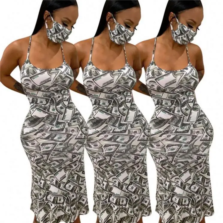 

AVRIL Summer 2021 Women Slip Backless Money Print Sexy Casual Dress Women For Long Dress