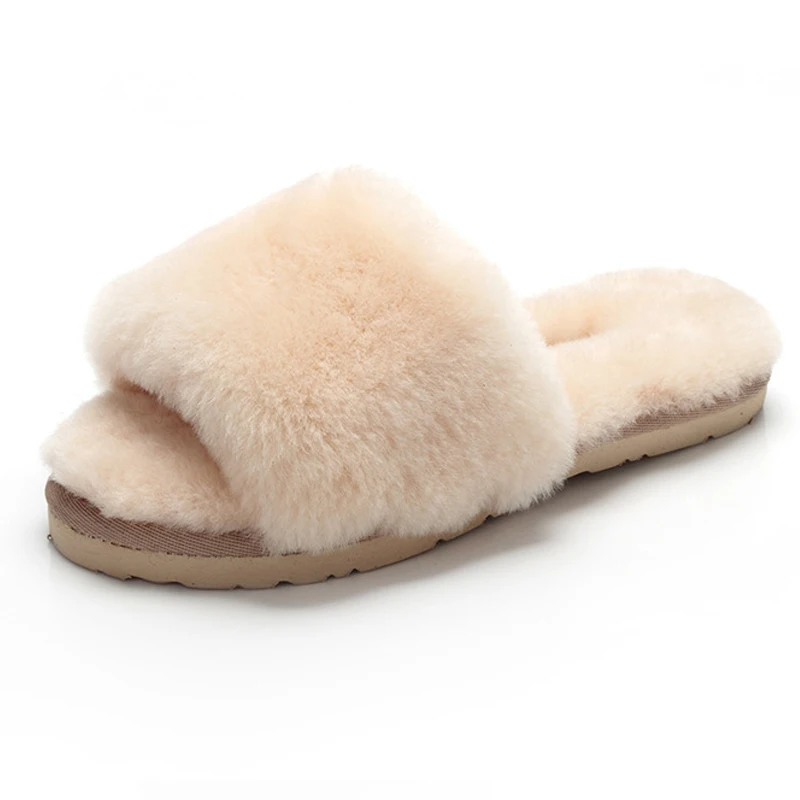 

Custom Fashion Warm Fluffy Furry Autumn Spring Winter Summer Real Fuzzy Sheepskin Fur Slides Slippers for Women
