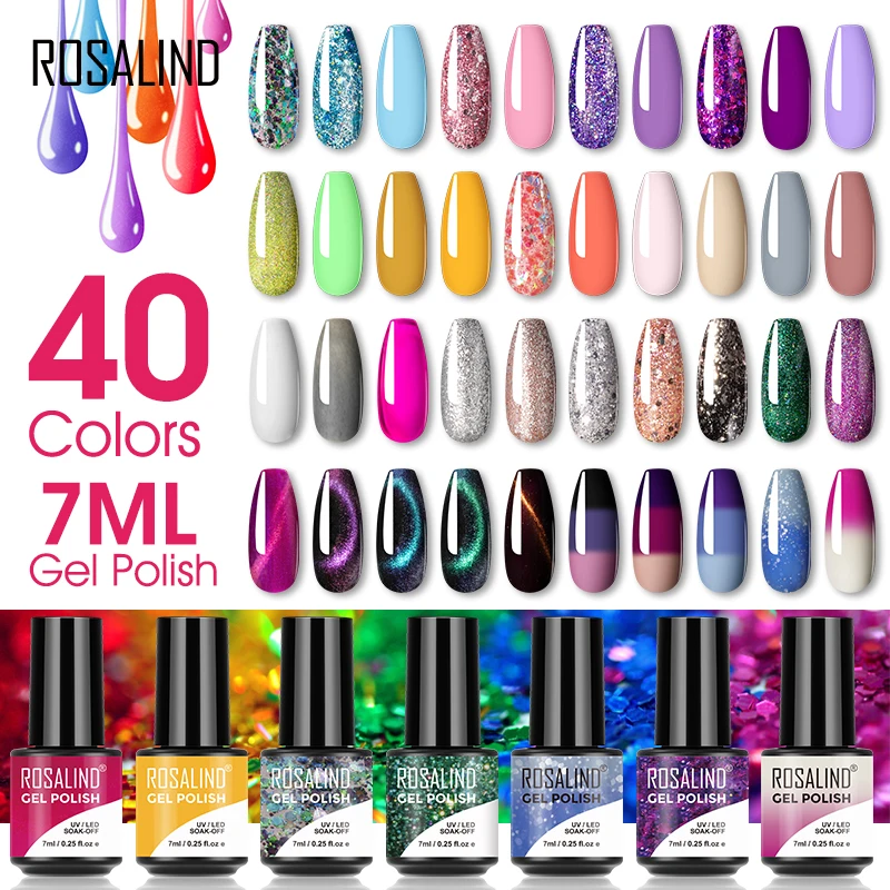

Rosalind nail supplies glitter colors gel nail polish soak off uv/led lamp semi permanent shiny nail gel polish for wholesale, 40 colors