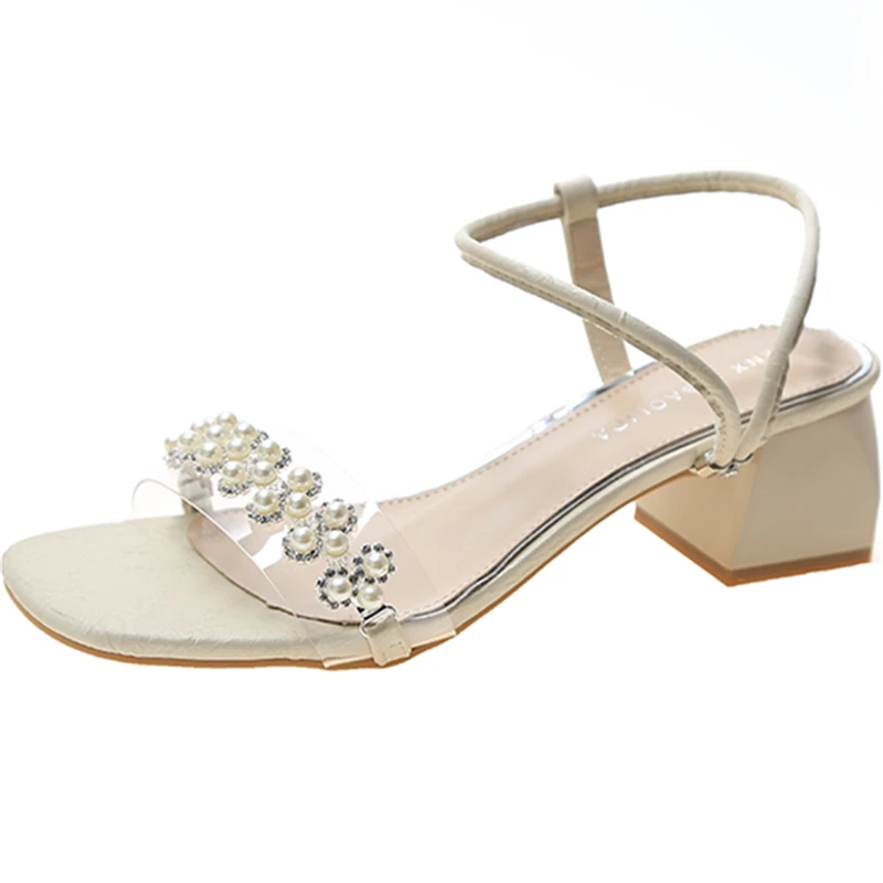 

Heel Pearl Women Slides String Bead Summer Cool Dual-use Sandals & Slippers Ladies Square Heels Classics Shoes