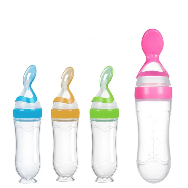

Bpa Free Silicone Baby Feeding Bottle With Spoon Suction Flexible Silicon Feeder Dropper Labels Squeeze Bottles For Babies, Multicolor