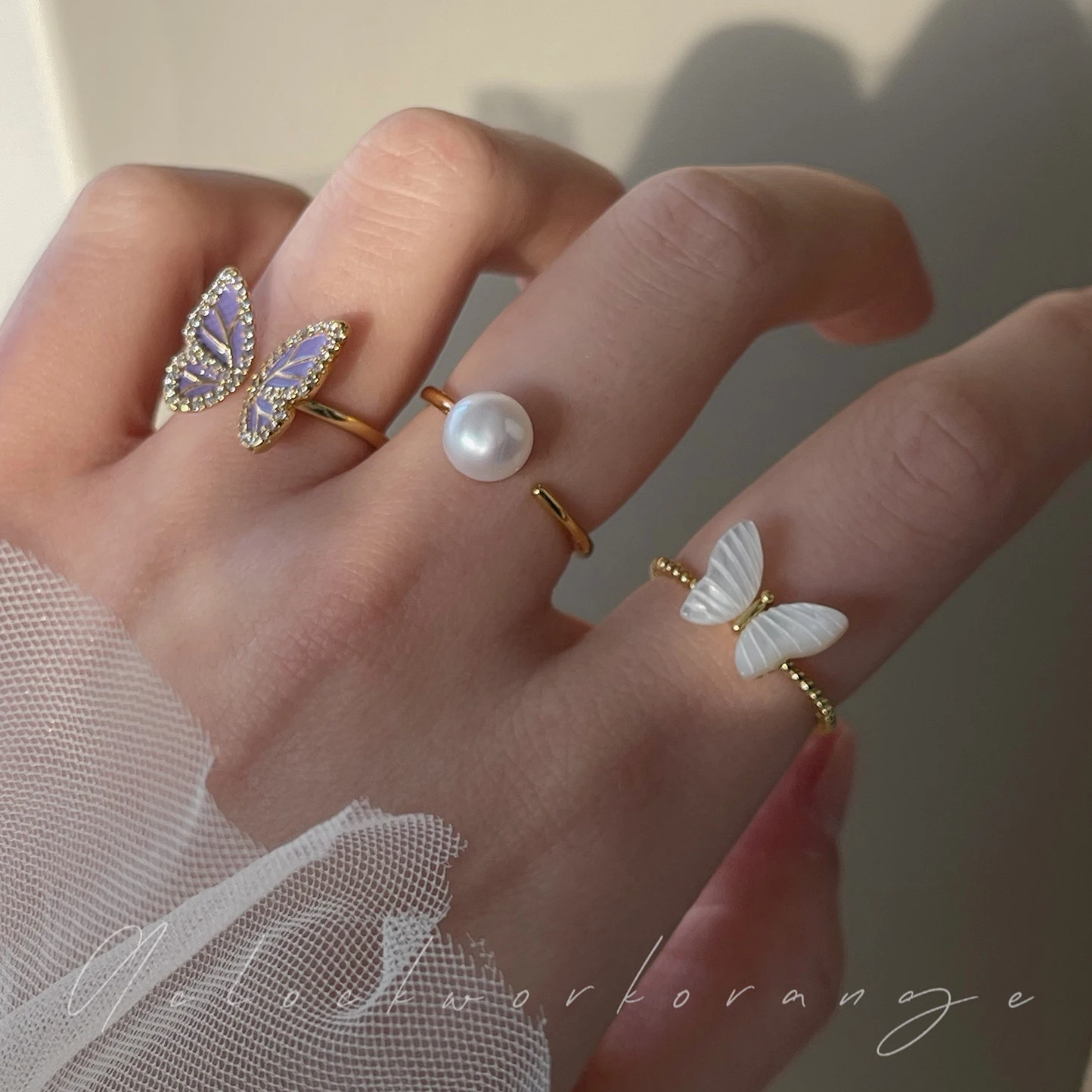 

Vintage Pearl Butterfly Finger Ring Open Adjustable Rings for Women Girls