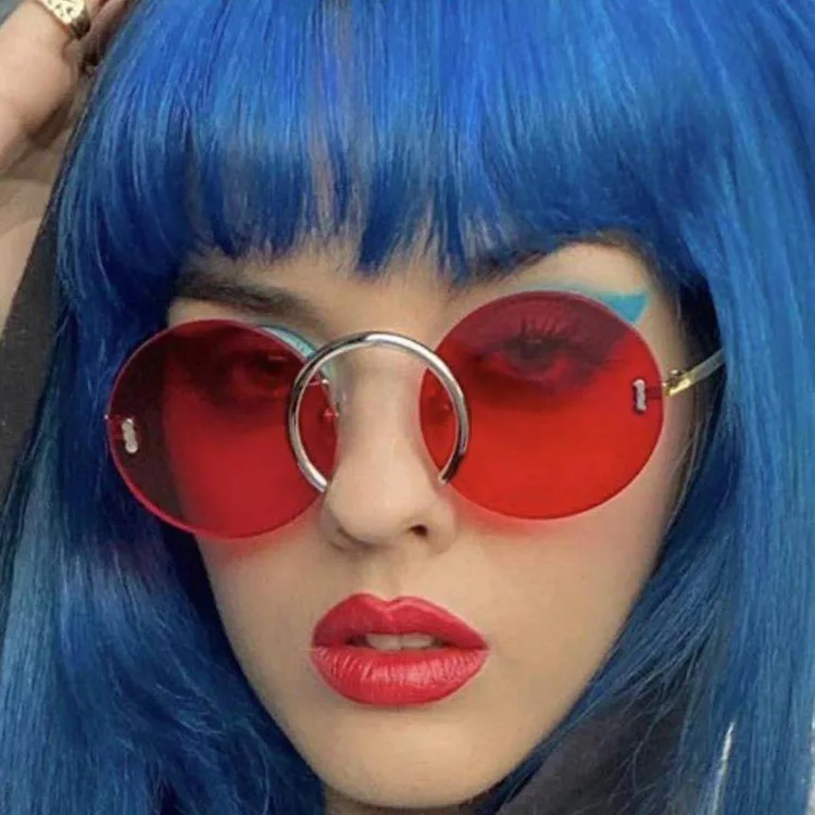 

2021 Women Luxury Rimless Punk Red Sunglasses Round No Frame Sun Glasses Female Eyewear Retro Clear Lens Uv400 Men Glases, Picture shows