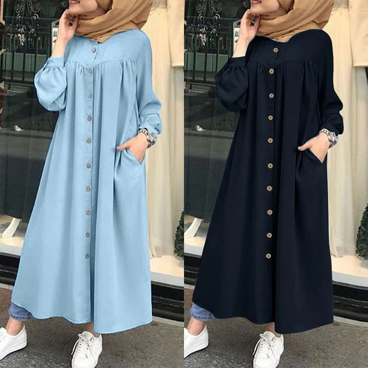 

2021 Summer Products Plus Size Abaya Muslim Dresses Women'S Muslim Long Sleeved Shirt Dress Casual Pocket Robe Bandage, Customized color