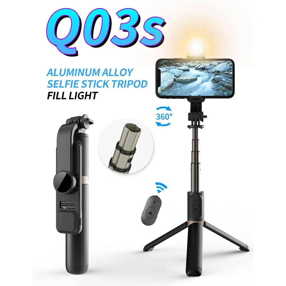 

Portable Alloy Mini Pocket Tripod Selfie Stick With Led Fill Selfie Light And Remote Control For Mobile Phone, Black, white