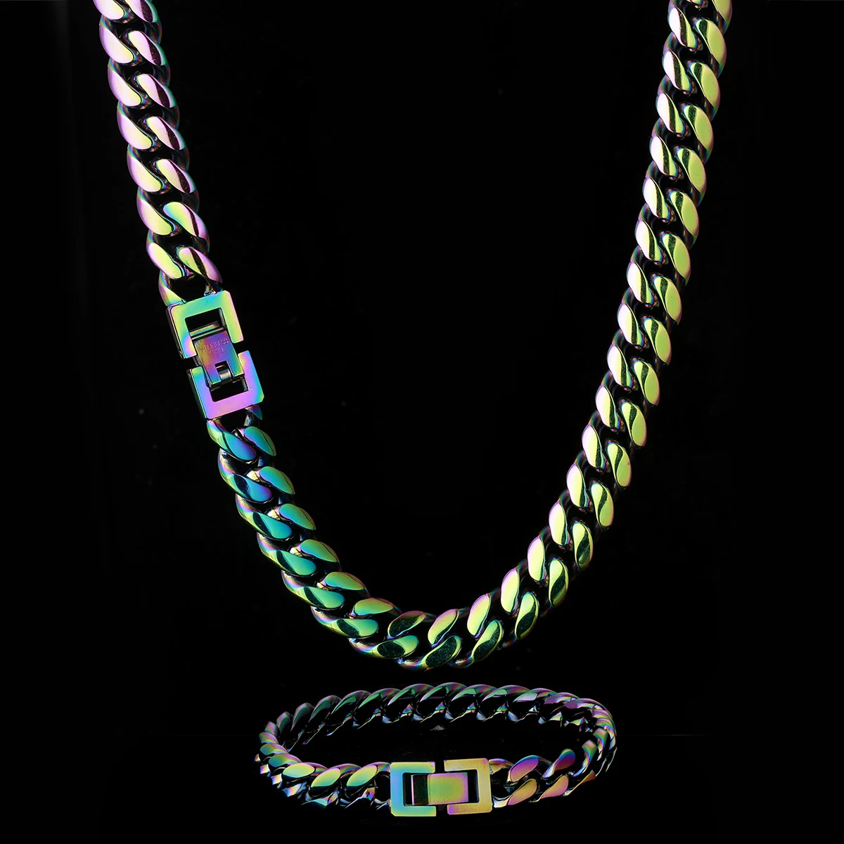 

KRKC Drop Shipping 1pcs Service 10mm Rainbow Gold Plated Miami Stainless Steel Hip Hop Jewelry Cuban Link Chain