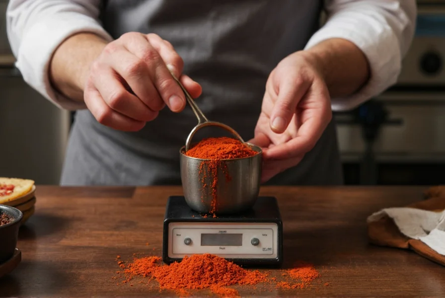 Chef carefully measuring ghost pepper powder with precision scale for culinary use