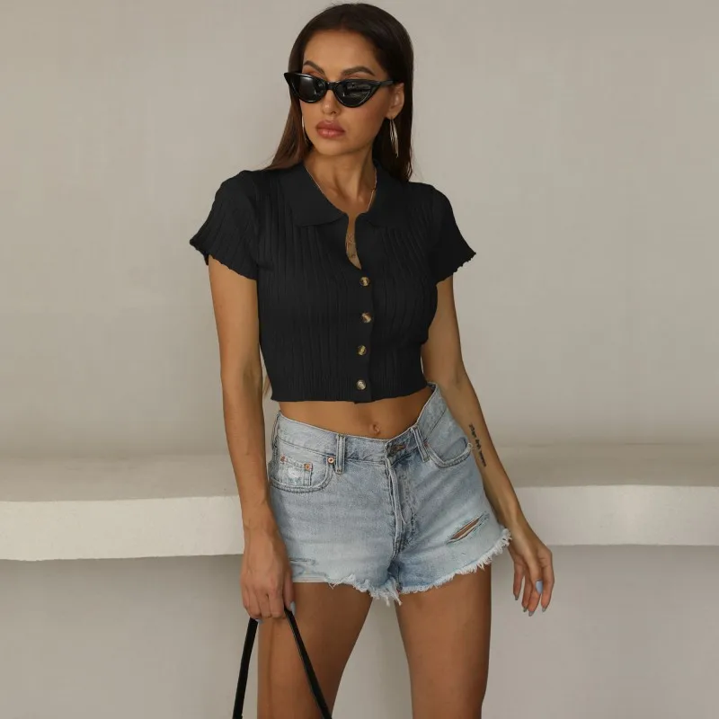 

Summer solid color crop top women blank designer ribbed cropped tee shirt