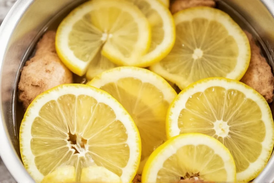 Homemade ginger tea preparation showing fresh ginger slices steeping in hot water with lemon