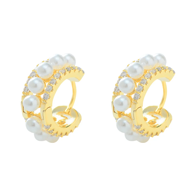 

ED63047 Korean boutique gold plated women jewelry inlaid zircon pearl huggie earrings