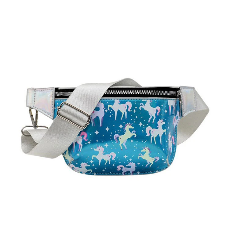 

Cute Cartoon Unicorn Children Kids Fanny Pack Holographic Pu Leather Girls Chest Waist Bag, Blue,sliver,pink