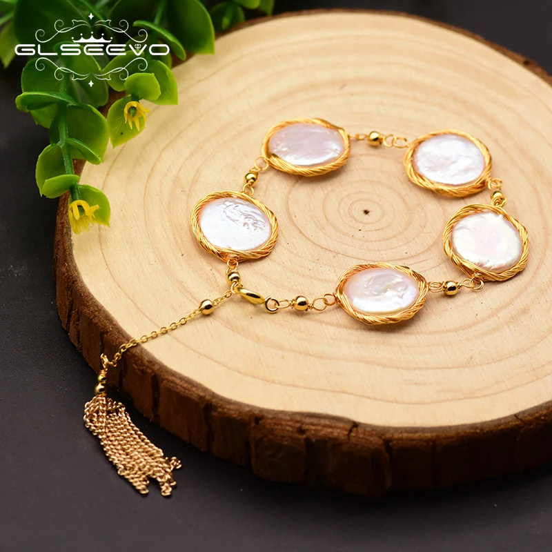 

Natural Baroque Flat Pearl Adjustable Tassel Bracelets For Women Gift Fine Jewelry