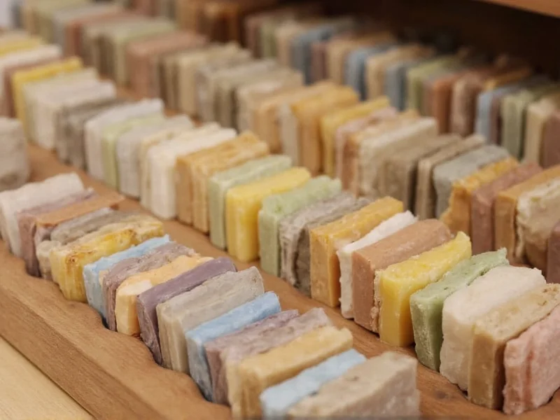 Handmade soap bars curing on wooden rack
