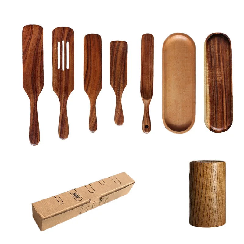 

Kitchen Tools Salad Stirring Drain Sauce Omelette Acacia Wooden Spurtles Set, Natural