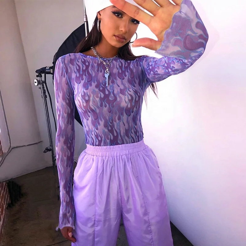 

Streetwear Fashion Women Crew Neck Fire Printed Long Sleeve Tee T Shirts Purple Sexy Mesh Top Women
