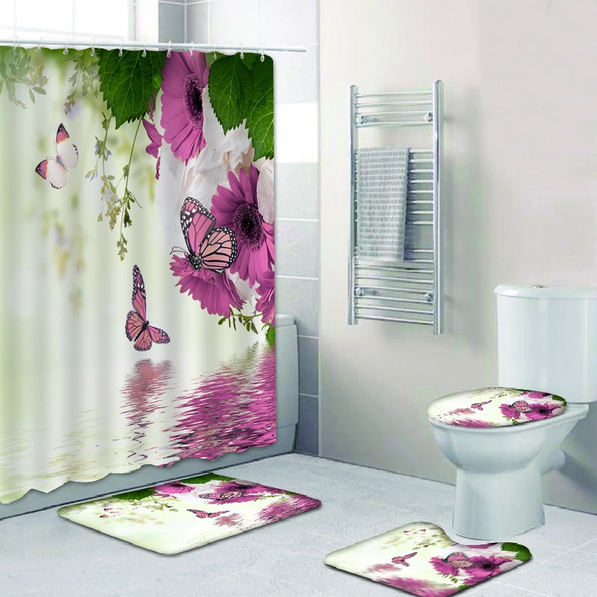 

4pcs/set Shower Curtain Bath Mat Toilet Pad Set, Non-slip Bathroom Decor Carpet Waterproof Shower Curtain Set/