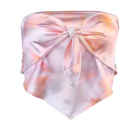 

HOT women tie-dyed sleeveless top bow front polyester satin crop top, Pink