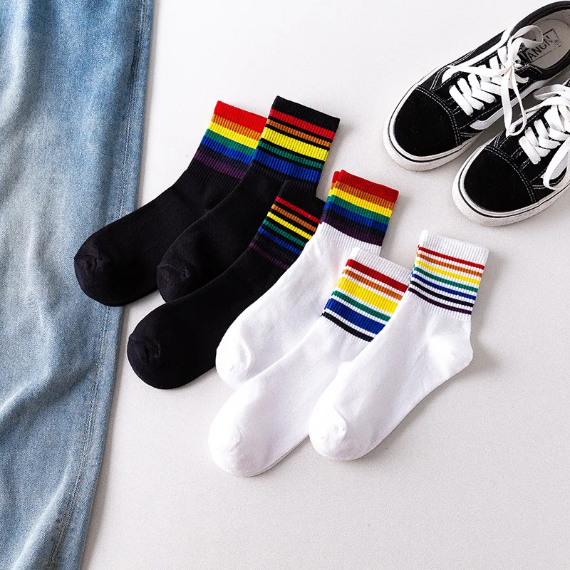 

HF new women rainbow socks breathable sweat absorption casual stripe cotton socks