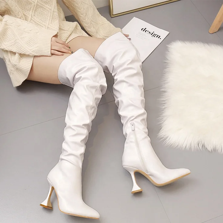 

Winter New Arrivals Women Long Boots Pointed Toe Solid White High Kitten Heels Over Knee High Boots Soft Pu Shoes Women, White,black