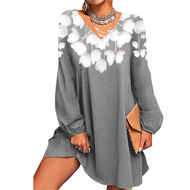 

New Fashion Dress Casual V Neck Long Sleeve Printing Plus Size Women'S Clothing Short Dresses, Red, purple, gray, green, black, blue