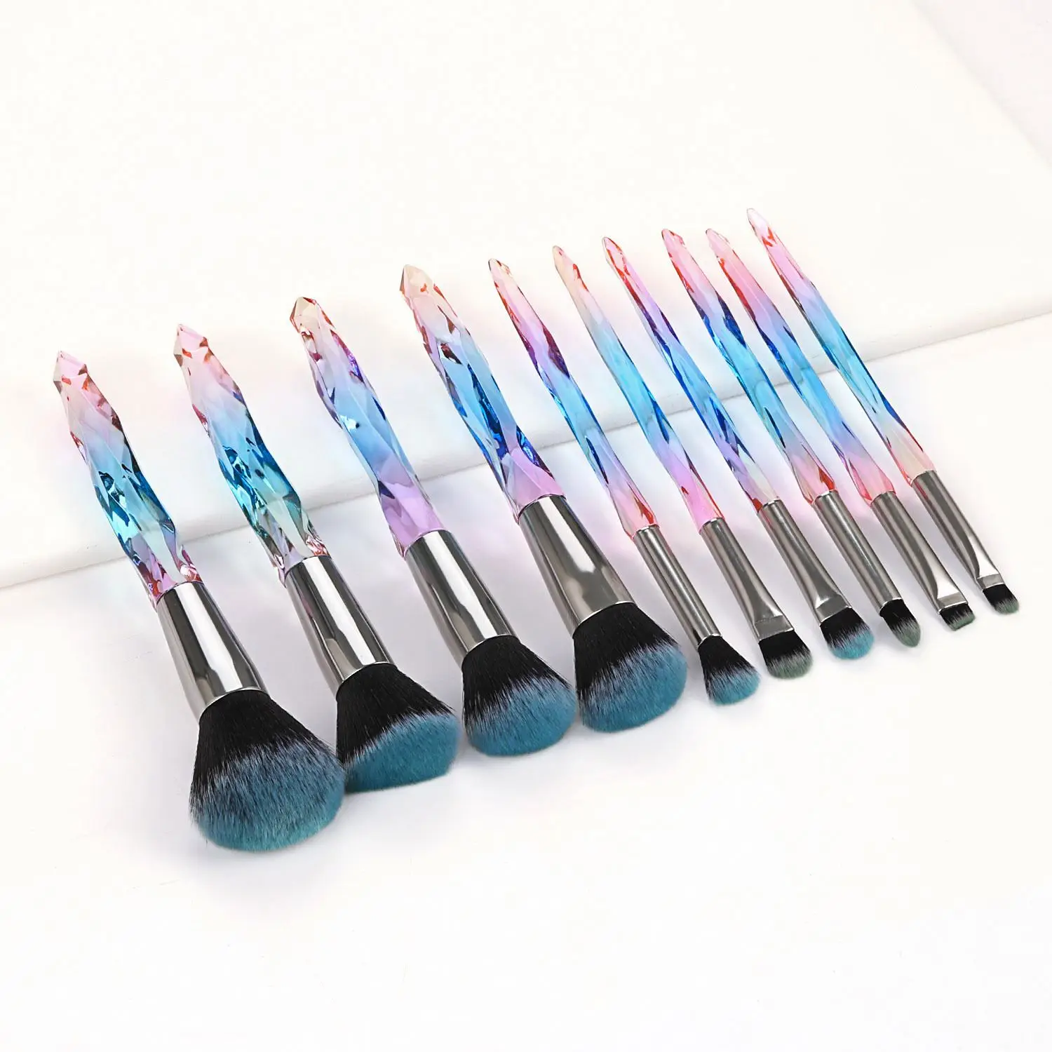 

High Quality Private Label Ready to Ship Vegan Wholesale 10 pcs Synthetic Hair Crystal Makeup Brushes, Pink