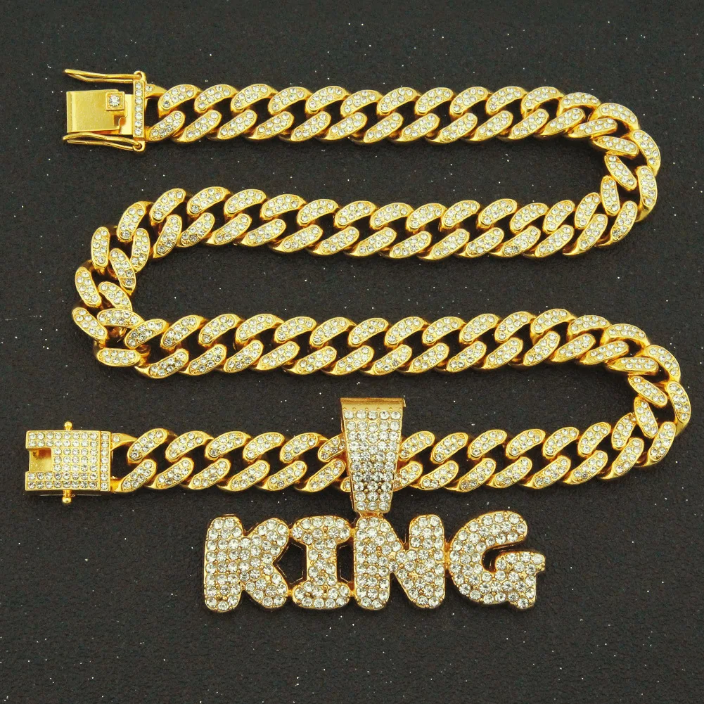 

King full diamond letter pendant 18K necklace for men bold and cool 24K Cuban chain accessories