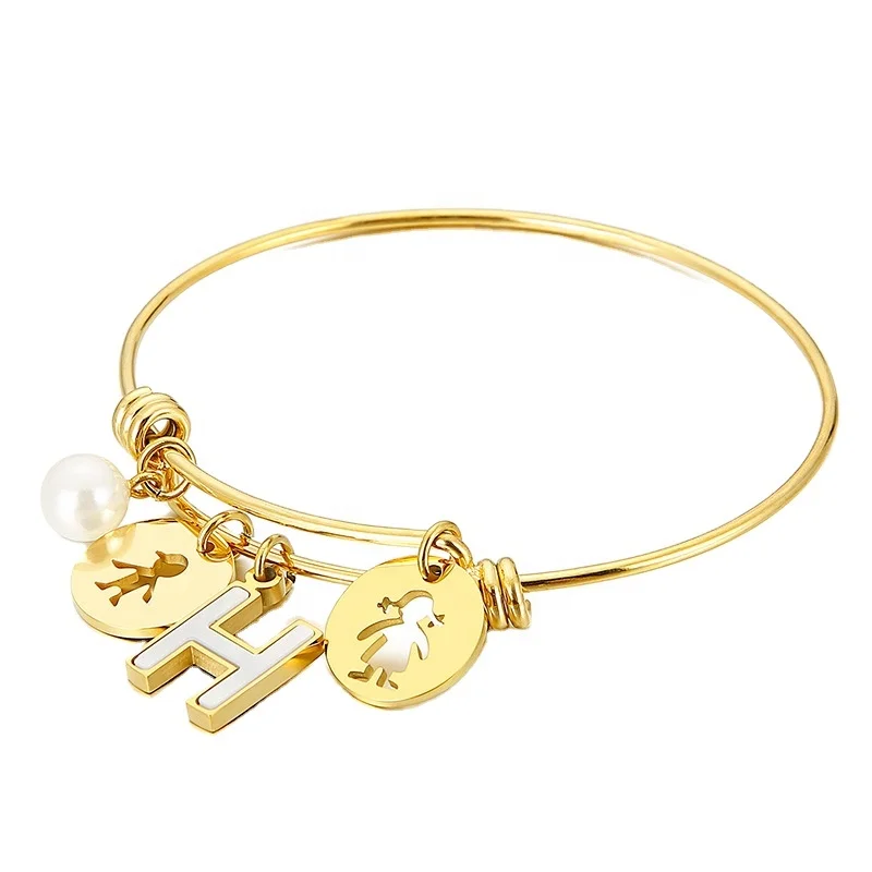 

Personalized Custom Letter Stainless Steel Charm Bracelet Adjustable Pearl Wire Bangle Gift for Women Gold Plated Jewelry, Customized color