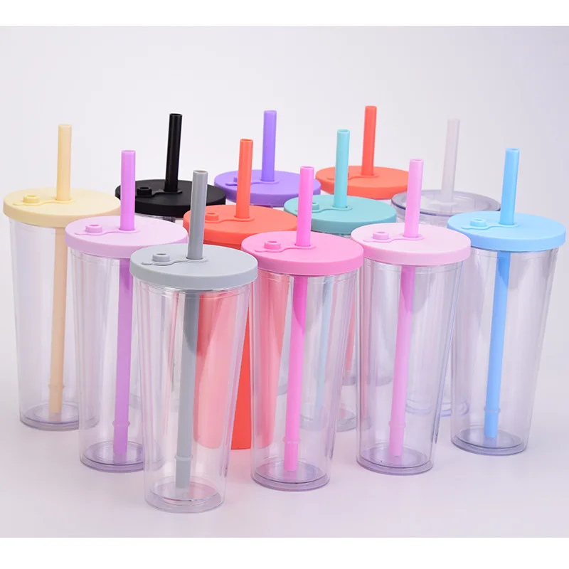 

Factory custom logo multi color 24oz double wall tumblers plastic boba bubble tea reusable cup with straw, Customized colors acceptable