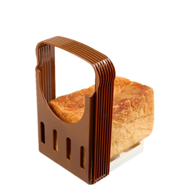 

Plastic Bread Cutter Board Kitchen Accessories Cake Split Tools Foldable Loaf Rack Guide Slicing Toast Tablets Bread 4 Slicers, Brown