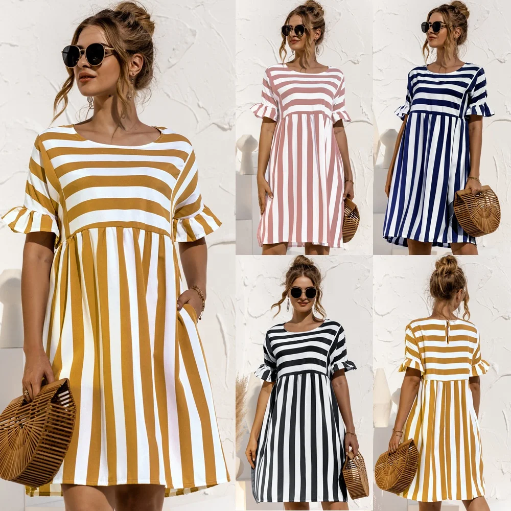 

Free Shipping T320 dress Casual striped loose A-line women summer Ruffle short sleeve beach skirt midi dress Fashion dresses
