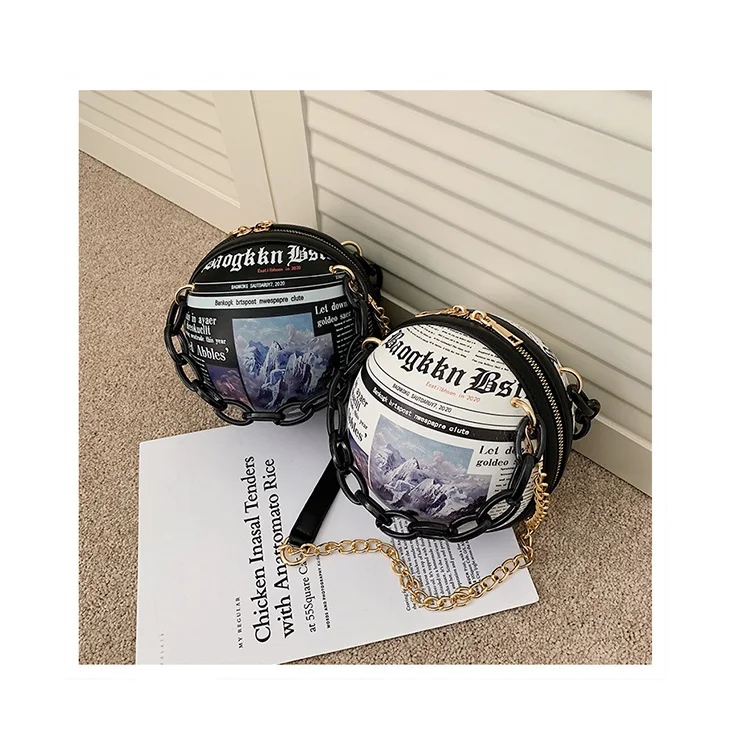 

Fashion Personality Newspaper Pattern Handbag Women Acrylic Chain Bag Round Messenger Bag Creative Basketball Print Shoulder Bag