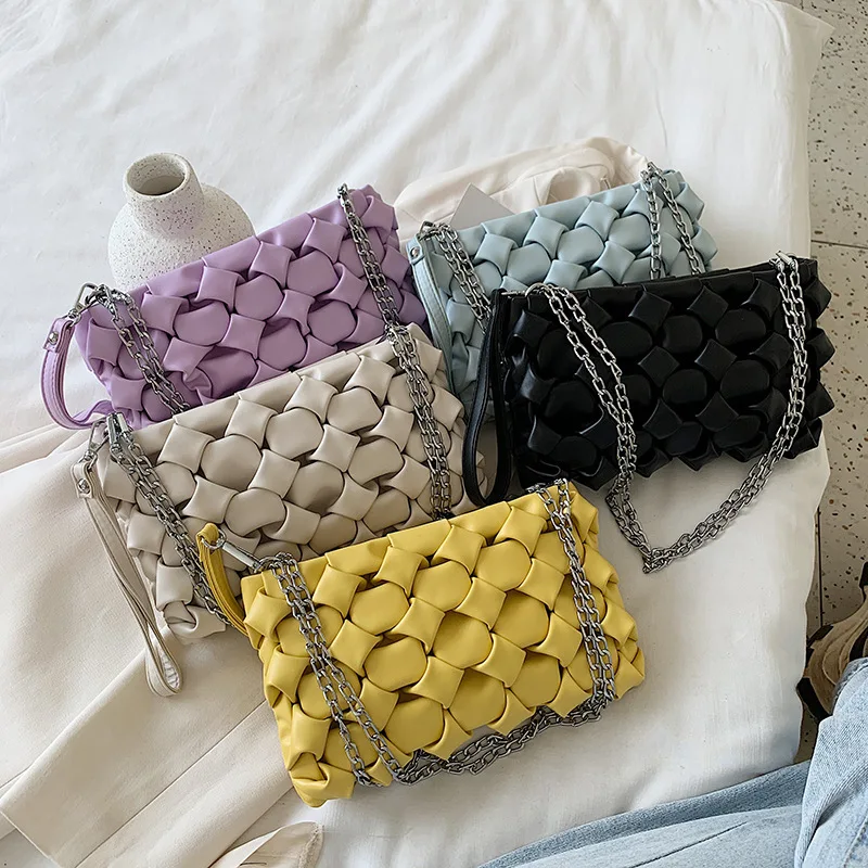 

2021 hot selling fashion chain ladies crossbody shoulder armpit bags woven luxury handbags for women purse, 5 colors