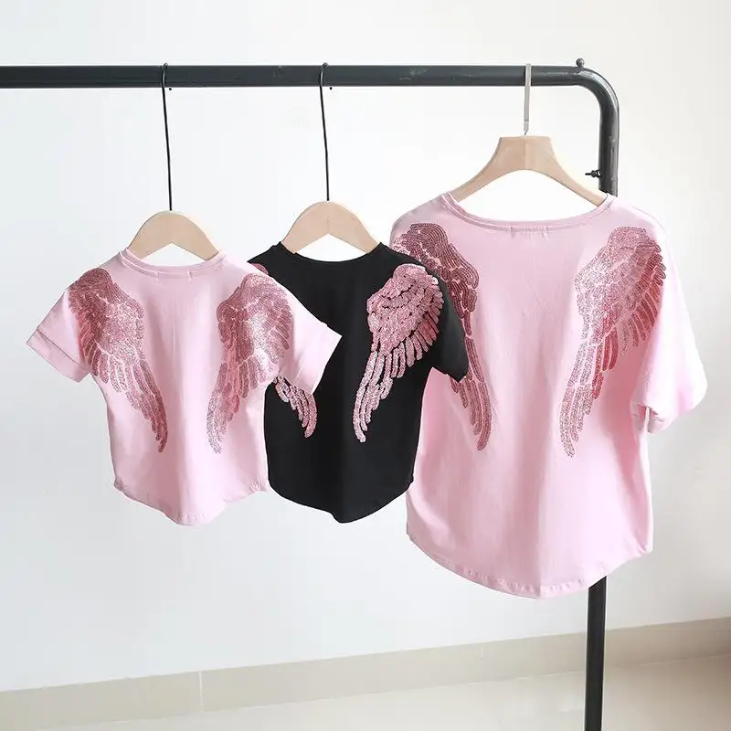 

Summer Mommy and Me Clothes Angel Wings Sequins T Shirt Daughter Mother Outfits Family T Shirt Clothes