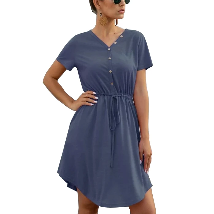

2021 New Fashion Elegant Lady V-Neck Empire Waist Front Button Curved Hem Drawstring Dress