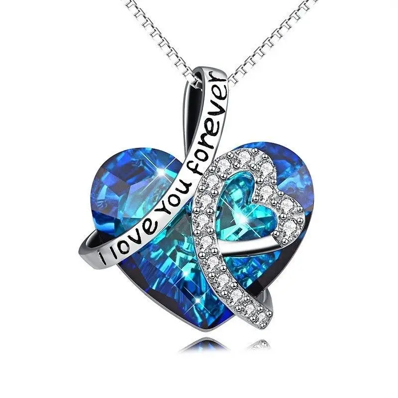 

Fashion Jewelry Blue Crystal Love Pendant Box Chain Necklace Sapphire Blue Cubic Zirconia I Love You Forever Pendant Necklace