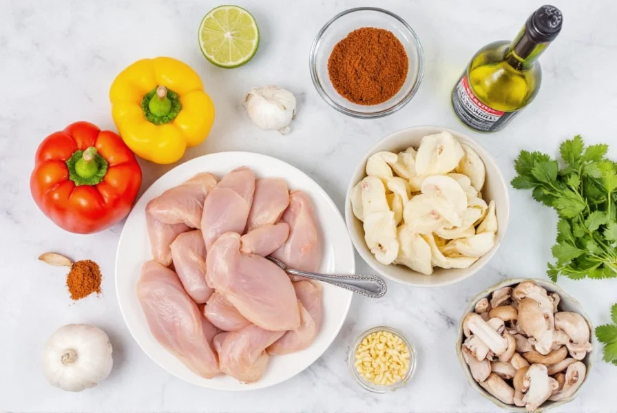 Keto white chicken chili ingredients: chicken, spices, avocado oil, garlic, bell peppers