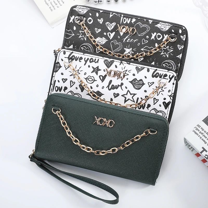 

Hot Sale Women Long PU Leather Wallet Fashion Printed Zipper Wallet With Chain Decoration, As the picture or customized