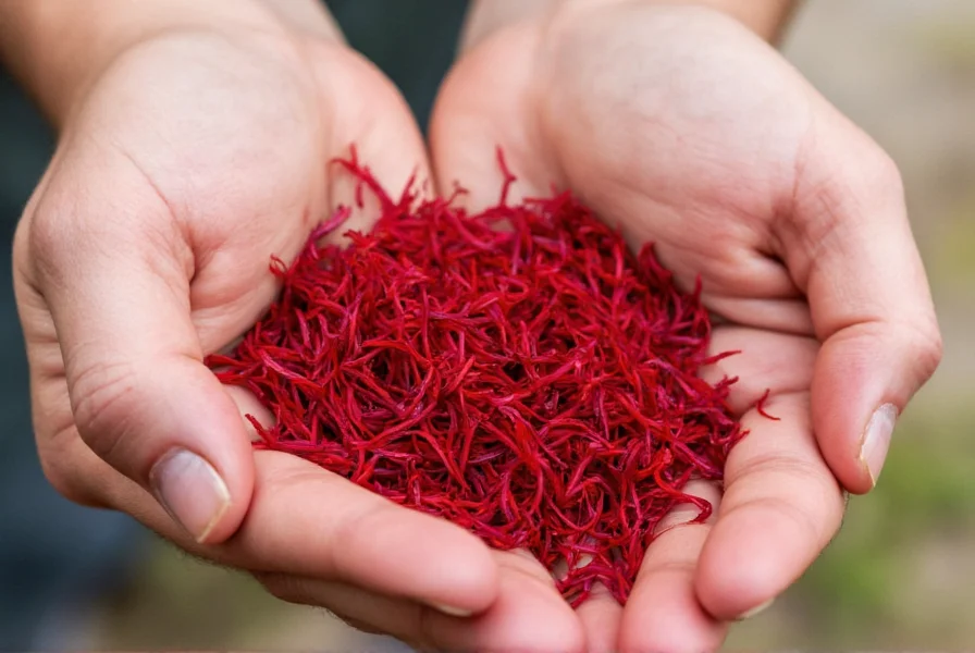 Close-up of hand harvesting saffron threads from purple crocus flowers in a garden