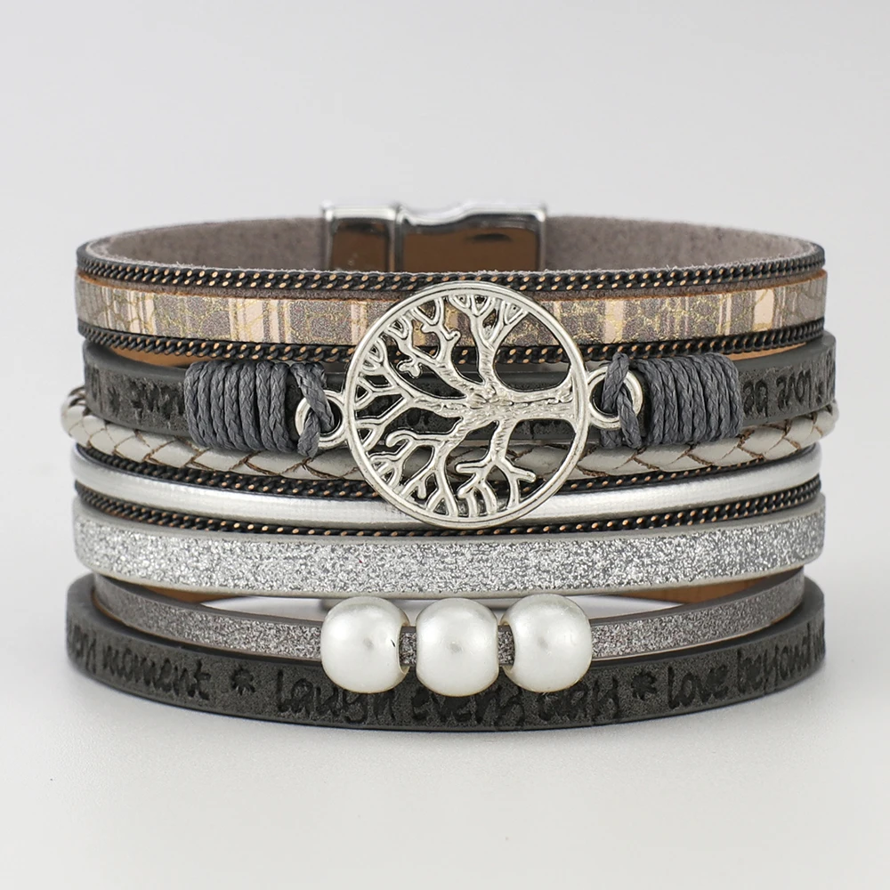亚马逊热卖皮革生命之树珍珠珠磁扣波西米亚多层皮革手链