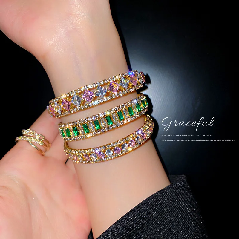 

New Colorful Full Diamond Bracelet Bling Wide Edge Hollow Square Diamond Cuff Bracelet for Women