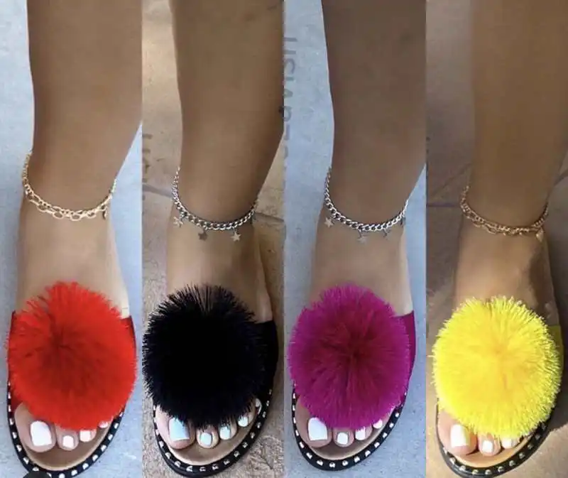 

summer fashion best selling ladies flat flowers INS style fur jelly diamond cheap design women and ladies sandals slippers, Red,black,yellow,rose pink,grey,black,2,pink