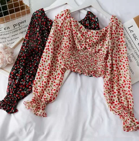 

New Floral Chiffon Shirt Ladies Spring Autumn Slim Blouse Long Puff Sleeve Square Collar Casual Cropped Tops