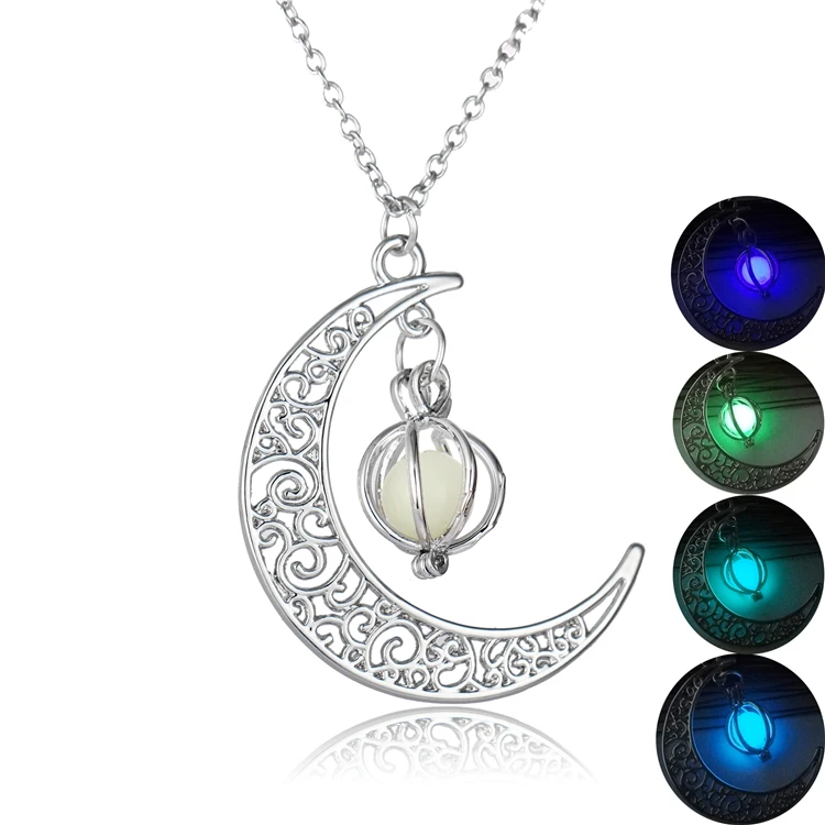 

Hot Sale Moon Glow in the Dark Necklace Handmade Jewelry Luminous Stone Hollow Moon Fashion Necklace Gifts, Sky blue/purple/blue green/yellow green