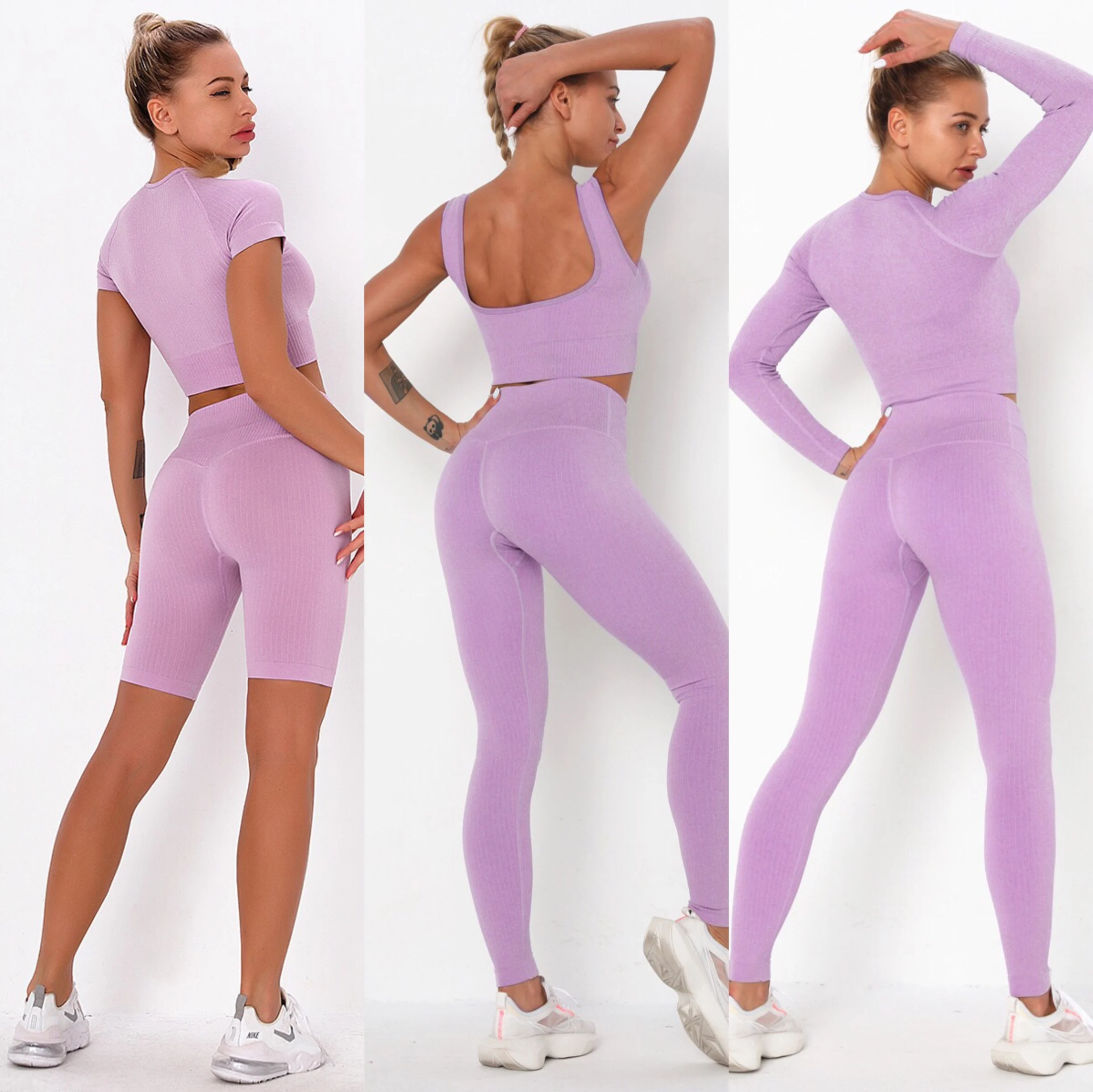 

BBLXF6099 Hot sale running jogger set seamless yoga women sportswear comfortable fitness clothing 5-piece set, Flare,gray,brown