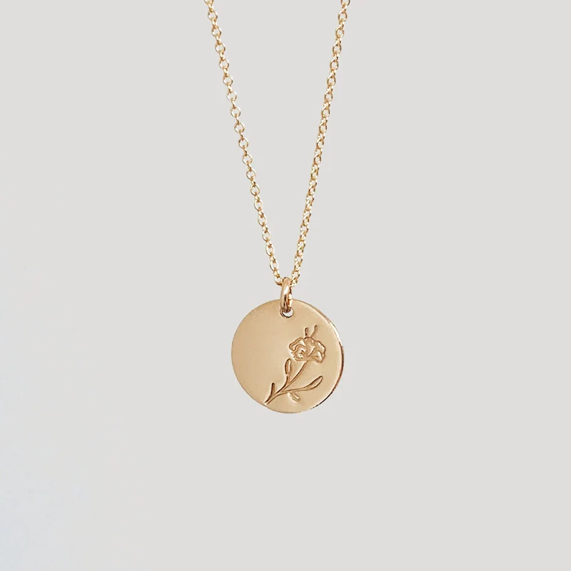

Delicate Birth Flowers Necklace Charms February Month Disc Necklace Jewelry Women Gift Accept Custom Design
