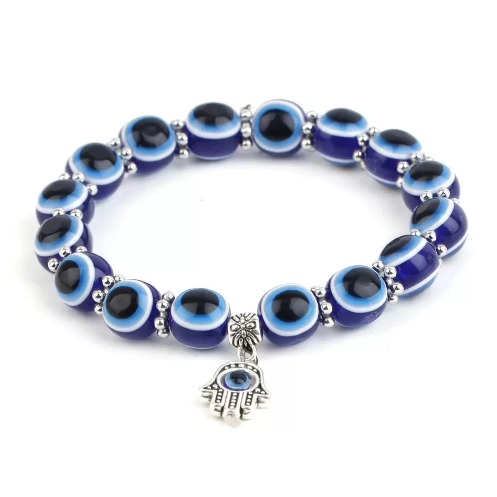 

Evil Eye Hamsa Blue Beaded Charm Stretch Strands Bracelet Hand of Fatima Turkish Lucky Blue Eyes Bracelets