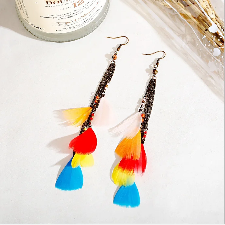 

Ethnic Style Vintage Women Earrings Bohemian Handmade Rainbow Color Feather Rice Beads Chain Tassel Long Earrings