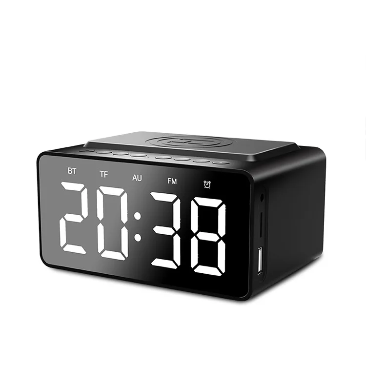 

5-10W Wireless Charging Alarm Clock FM Radio WTS Speaker, Alarm Clock Digital Display LED Subwoofer Music Player, Black/silver